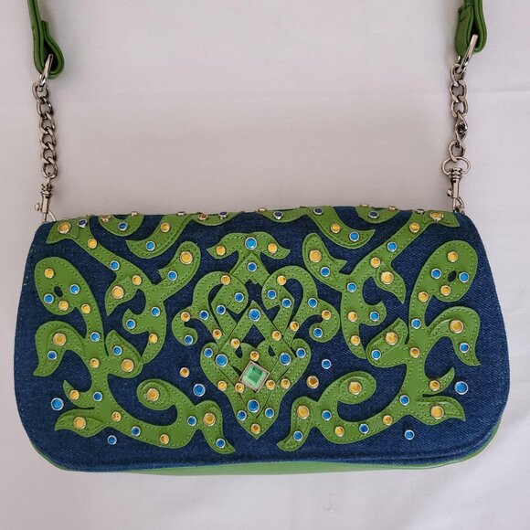 Bueno Gemstone Embellished Blue Green Denim Fabric Purse Tote Shoulder Bag - Picture 7 of 13